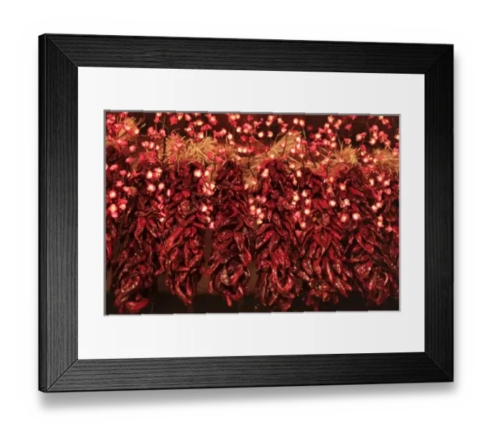 Framed Print : Santa Fe, New Mexico, United States. Chili ristras with holiday lights