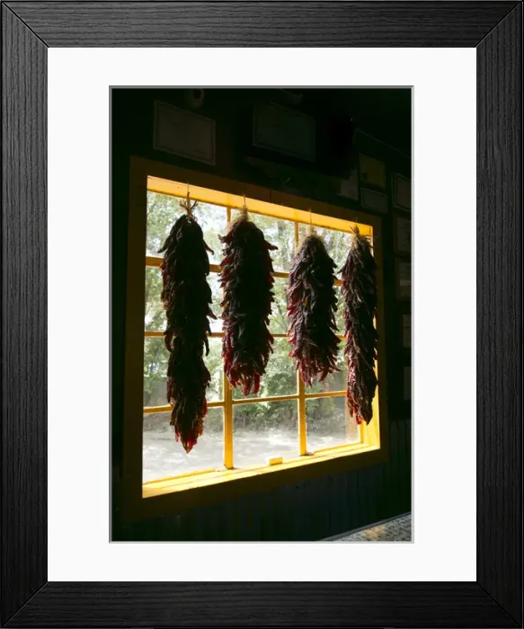 Framed Print : Hanging dried red chilies backlit in a window, Taos, New Mexico, USA Framed Print : Hanging dried red chilies backlit in a window, Taos, New Mexico, USA