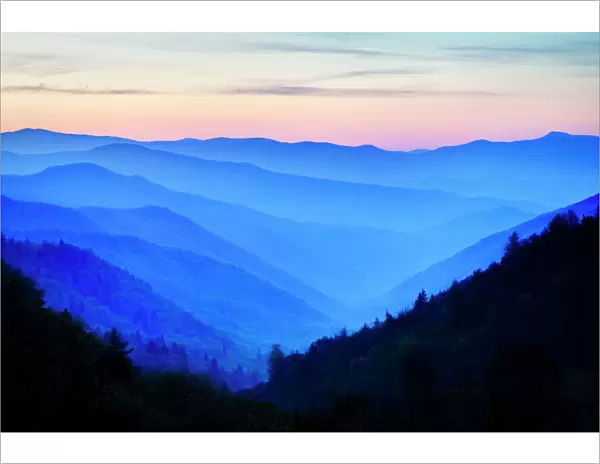 USA, North Carolina. Predawn color seen from Oconoluftee Overlook in the Great Smoky