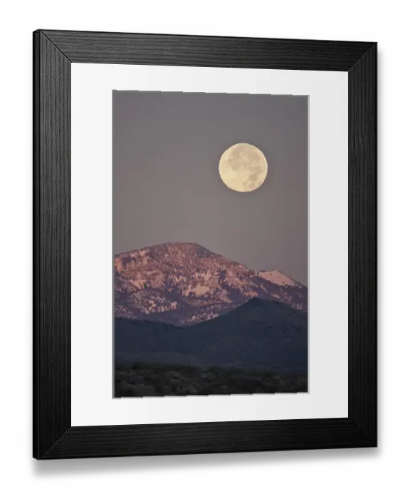 Framed Print : Full moon setting over snow-covered Magdelena Mountains at Socorro, New Mexico