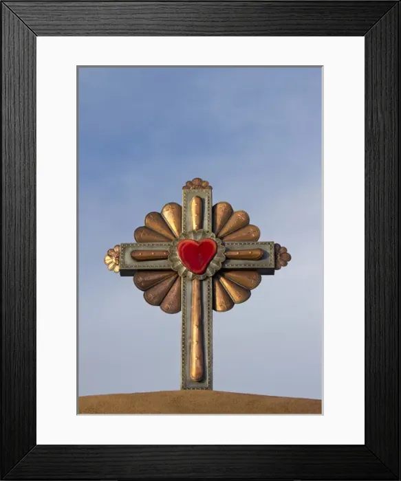 Framed Print : USA, New Mexico, Chimayo - Gilded cross atop of a roman catholic church in Chimayo