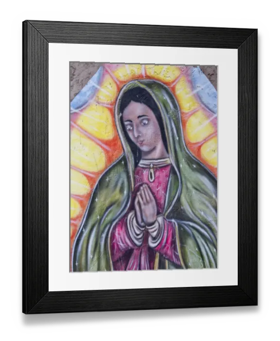 Framed Print : USA, New Mexico, Chimayo - Painting representing the Virgin of Guadalupe on the outside