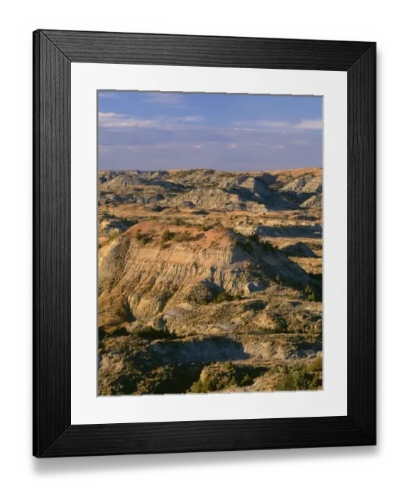 Framed Print : USA, North Dakota, Theodore Roosevelt National Park, Evening light defines eroded