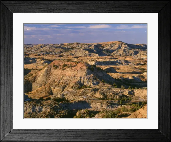 Framed Print : USA, North Dakota, Theodore Roosevelt National Park, Evening light defines eroded