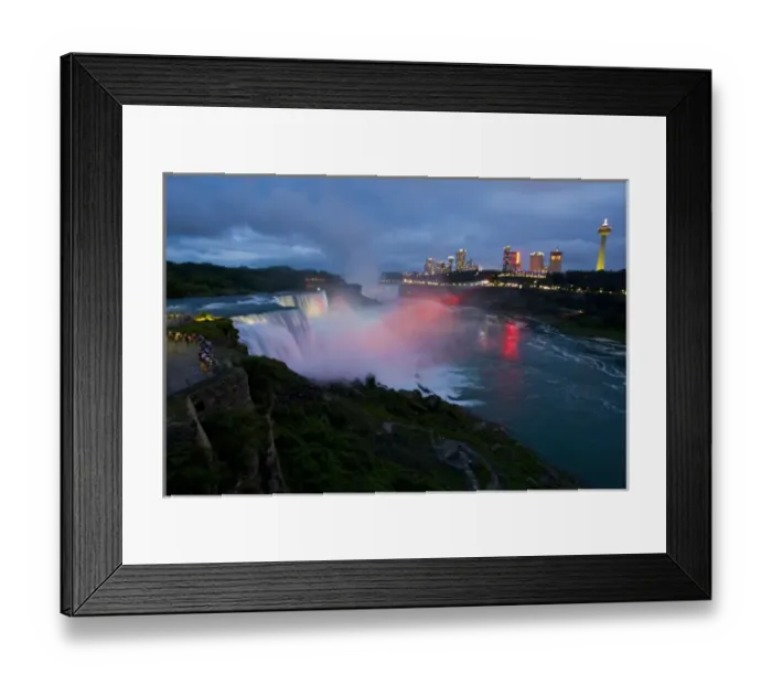 Framed Print : USA, New York, Niagara Falls. Tourists enjoy twilight view of American Falls in foreground Framed Print : USA, New York, Niagara Falls. Tourists enjoy twilight view of American Falls in foreground