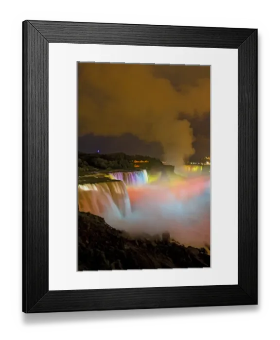 Framed Print : USA, New York, Niagara Falls. Nighttime view of the waterfalls and mist lit with colored lights