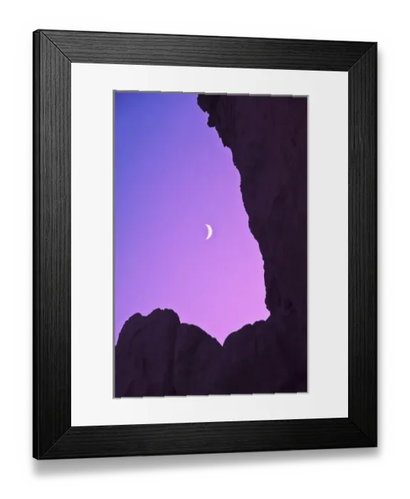Framed Print : USA, Oregon. Crescent moon framed by sea stacks at twilight Framed Print : USA, Oregon. Crescent moon framed by sea stacks at twilight