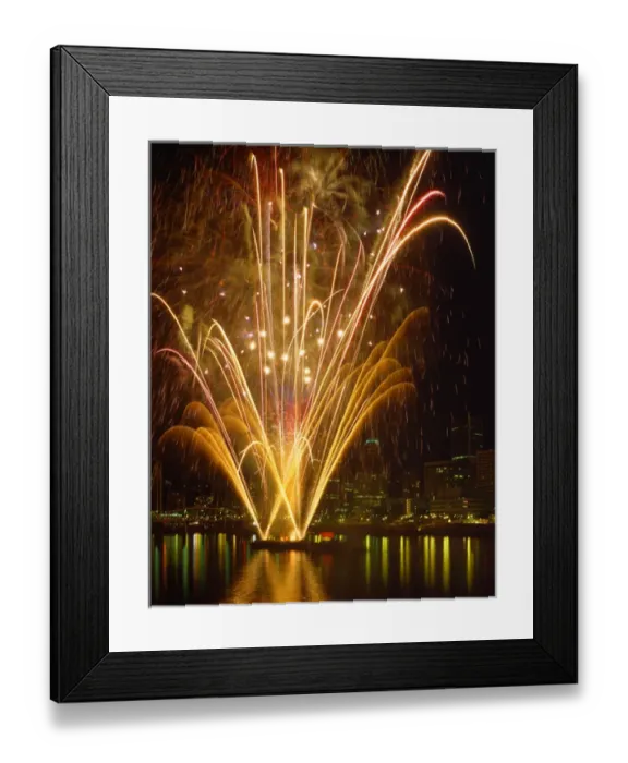 Framed Print : USA, Oregon, Portland, Independence Day fireworks being launched off of barge in