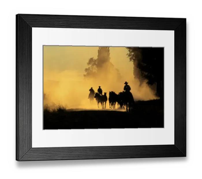Framed Print : USA, Oregon, Burns. Cowboys driving wild horses down dirt road Framed Print : USA, Oregon, Burns. Cowboys driving wild horses down dirt road