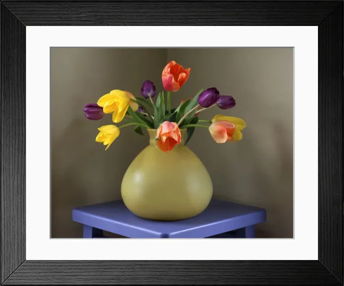 Framed Print : USA, Oregon, Portland. Fresh-cut tulips in antique glass vase