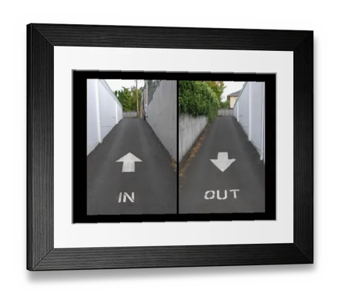 Framed Print : USA, Oregon, Portland. Entrance and exit from alley directed by arrows. Credit as Framed Print : USA, Oregon, Portland. Entrance and exit from alley directed by arrows. Credit as