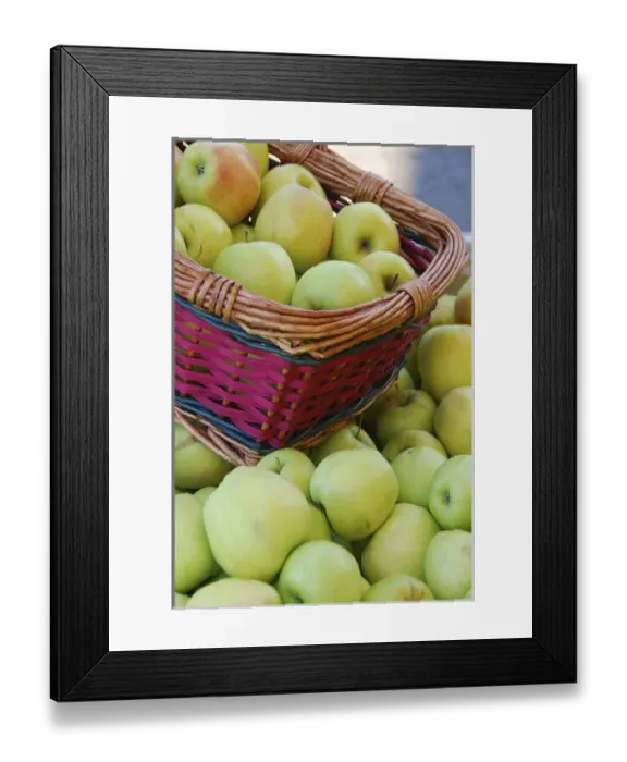 Framed Print : USA, Oregon, Hood River Valley. Basket of green apples at a fruit stand. Credit as Framed Print : USA, Oregon, Hood River Valley. Basket of green apples at a fruit stand. Credit as