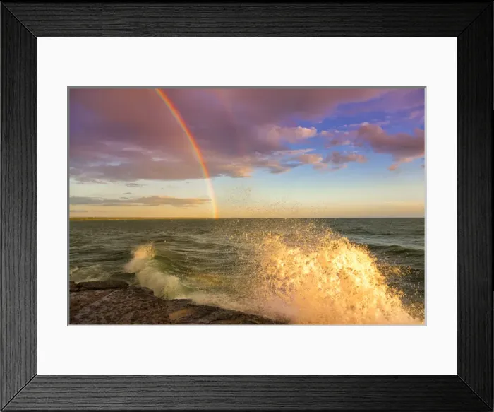Framed Print : USA, New York, Lake Ontario, Clarks Point. Double rainbow over lake. Credit as