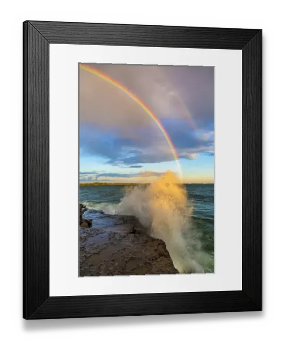 Framed Print : USA, New York, Lake Ontario, Clarks Point. Double rainbow over lake. Credit as
