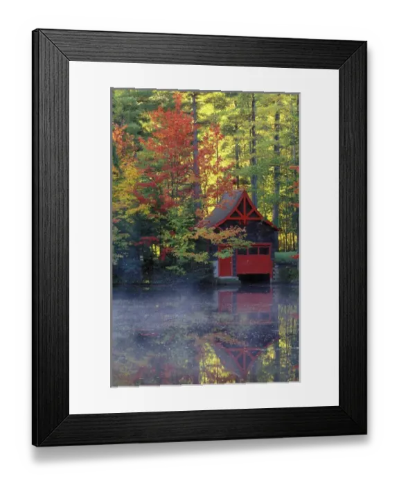 Framed Print : USA, New York, Adirondack Mountains. Boathouse and autumn reflections in lake. Credit as