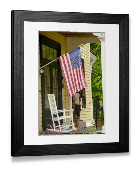 Framed Print : New York, Cooperstown. Typical historic Cooperstown home with flag on veranda Framed Print : New York, Cooperstown. Typical historic Cooperstown home with flag on veranda
