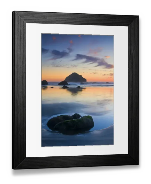 Framed Print : USA, Oregon, Bandon Beach. Face Rock and sea stacks at twilight