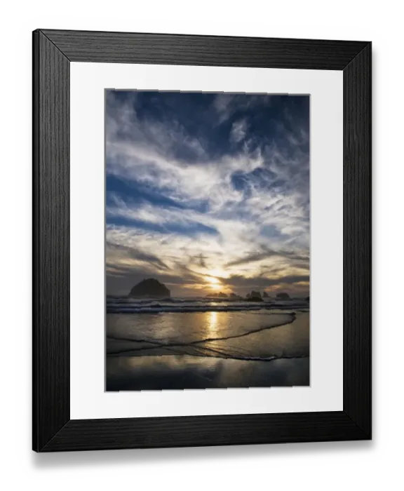Framed Print : USA, Oregon, Bandon Beach. Face Rock and sea stacks at twilight