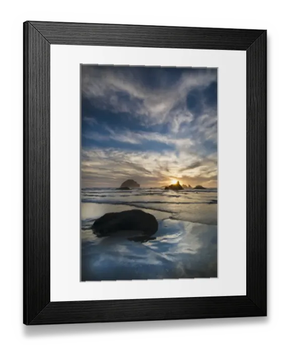 Framed Print : USA, Oregon, Bandon Beach. Face Rock and sea stacks at twilight Framed Print : USA, Oregon, Bandon Beach. Face Rock and sea stacks at twilight