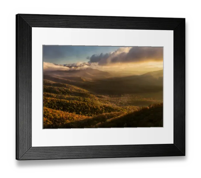 Framed Print : Misty autumn sunrise and Blue Ridge Mountains from Blue Ridge Parkway from Pounding Framed Print : Misty autumn sunrise and Blue Ridge Mountains from Blue Ridge Parkway from Pounding