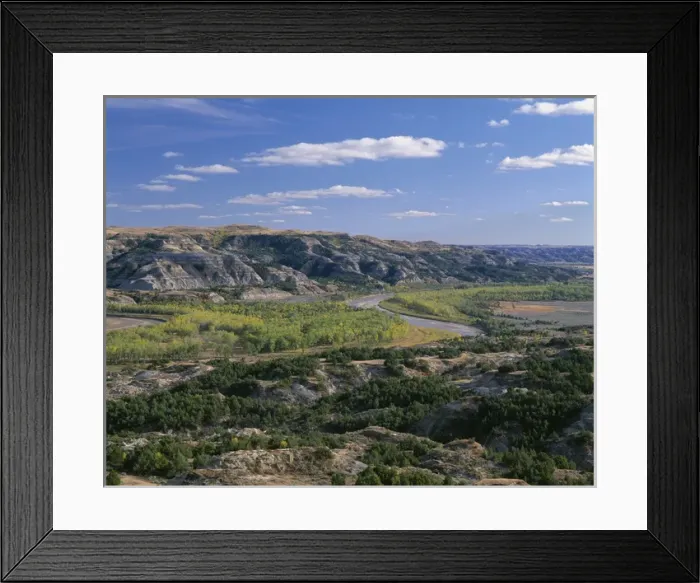 Framed Print : USA, North Dakota, Theodore Roosevelt National Park, Little Missouri River and sedimentary hills Framed Print : USA, North Dakota, Theodore Roosevelt National Park, Little Missouri River and sedimentary hills