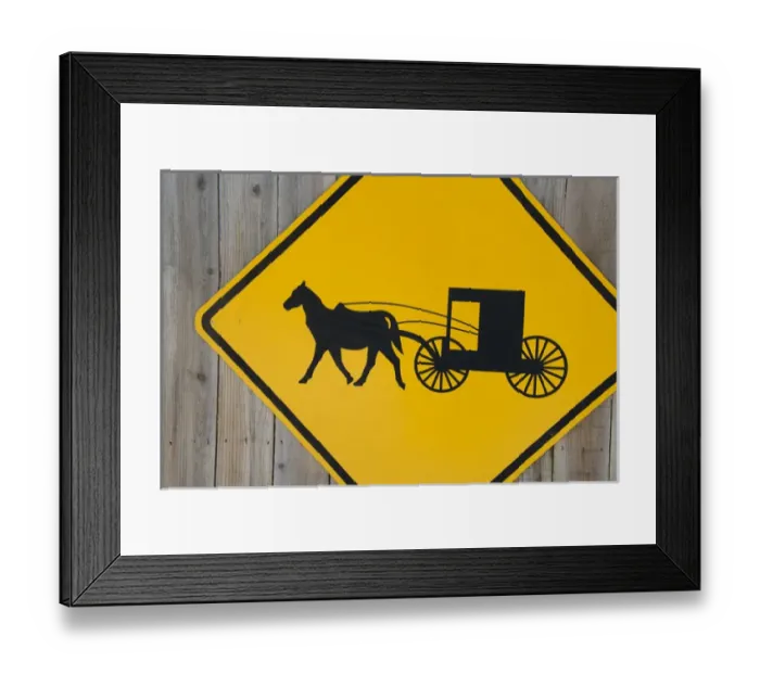 Framed Print : Geauga County, Mesopotamia. Amish carriage caution road sign