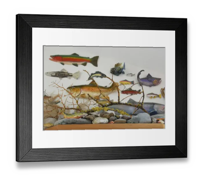 Framed Print : USA, Oregon, Portland. Eclectic collection of ceramic and wooden fish displayed on wall of home