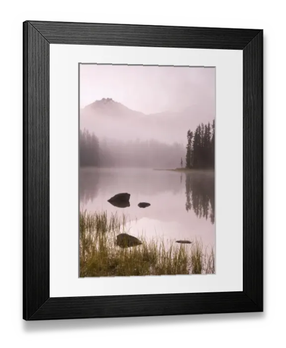 Framed Print : USA, Oregon, Willamette National Forest. Foggy sunrise on Scott Lake and Three Sisters mountains Framed Print : USA, Oregon, Willamette National Forest. Foggy sunrise on Scott Lake and Three Sisters mountains