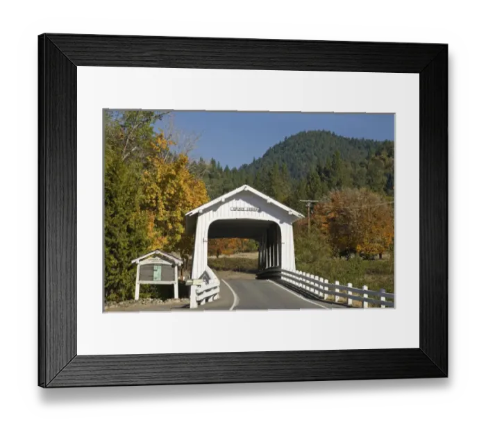 Framed Print : USA, Oregon, Cottage Grove. View of the historic Grave Creek Covered Bridge. Credit as