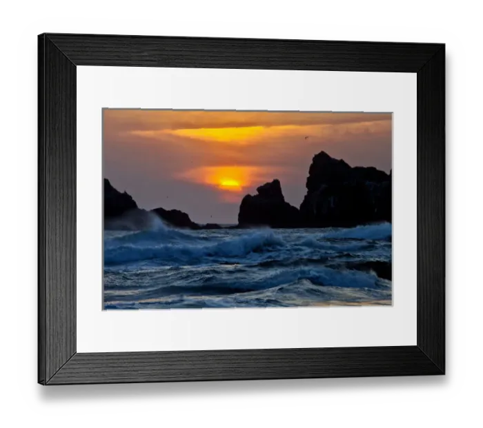 Framed Print : USA, Oregon, Bandon. Sunset over sea stacks