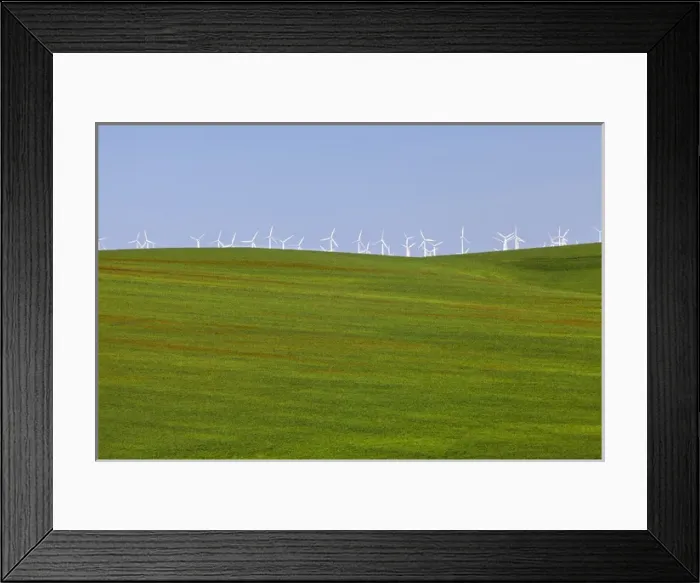 Framed Print : USA, Oregon, Wasco. White wind turbines on verdant farm field Framed Print : USA, Oregon, Wasco. White wind turbines on verdant farm field