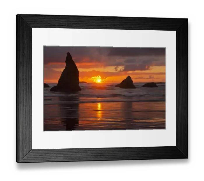 Framed Print : USA, Oregon, Bandon Beach. Sunset silhouettes seastacks Framed Print : USA, Oregon, Bandon Beach. Sunset silhouettes seastacks