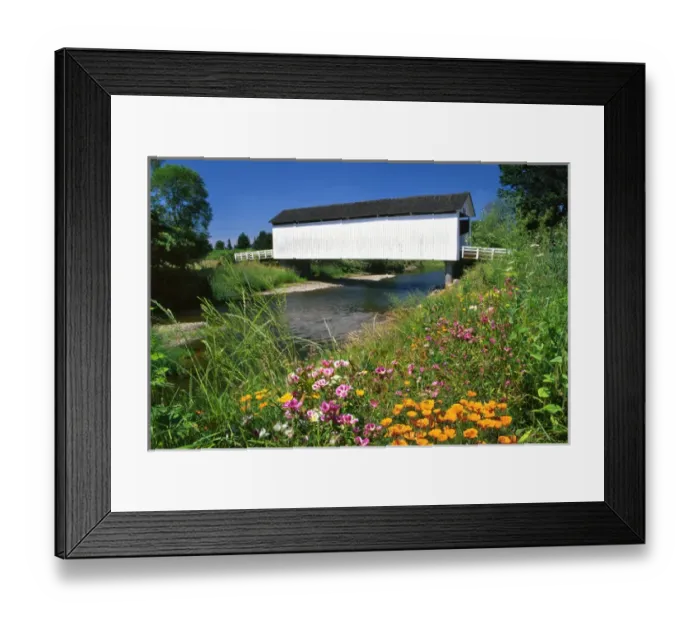 Framed Print : USA, Oregon. Gallon House covered bridge over Abiqua Creek