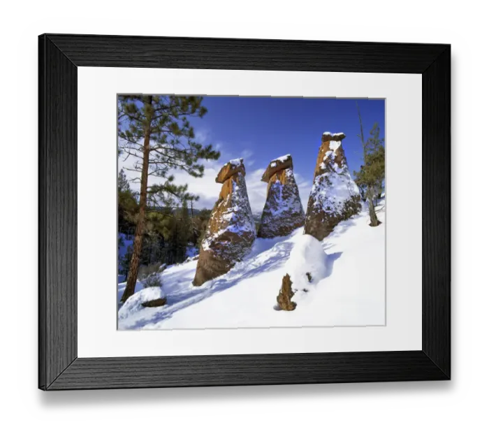 Framed Print : USA, Oregon, Jefferson County. Scenic of three of The Balancing Rocks in the first winter snow Framed Print : USA, Oregon, Jefferson County. Scenic of three of The Balancing Rocks in the first winter snow
