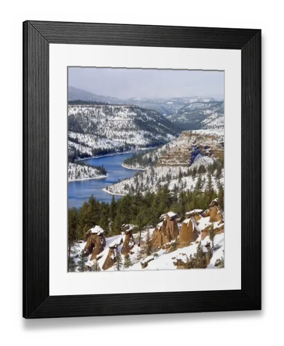 Framed Print : USA, Oregon, Jefferson County. Landscape of The Balancing Rocks and a lake in the first winter snow Framed Print : USA, Oregon, Jefferson County. Landscape of The Balancing Rocks and a lake in the first winter snow