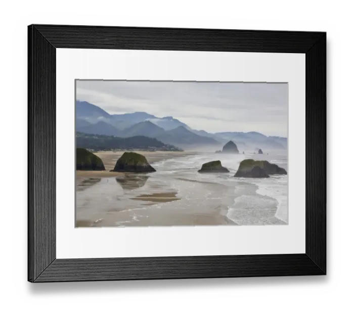 Framed Print : USA, Oregon, Cannon Beach. Fog rises over coastline at low tide Framed Print : USA, Oregon, Cannon Beach. Fog rises over coastline at low tide