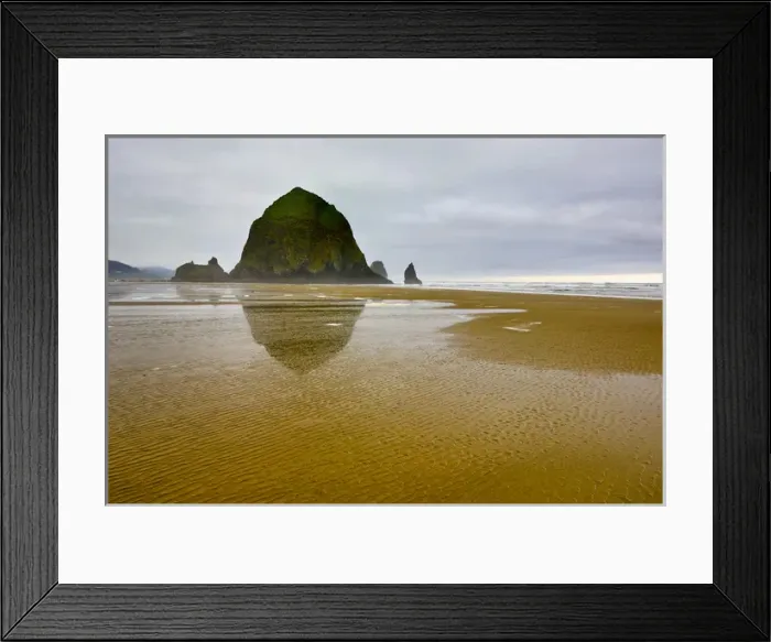 Framed Print : USA, Oregon, Cannon Beach. Sunrise reflection of Haystack Rock at low tide. Credit as Framed Print : USA, Oregon, Cannon Beach. Sunrise reflection of Haystack Rock at low tide. Credit as