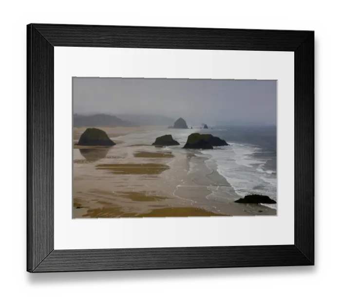 Framed Print : USA, Oregon, Cannon Beach. Fogy morning on coastline at low tide Framed Print : USA, Oregon, Cannon Beach. Fogy morning on coastline at low tide