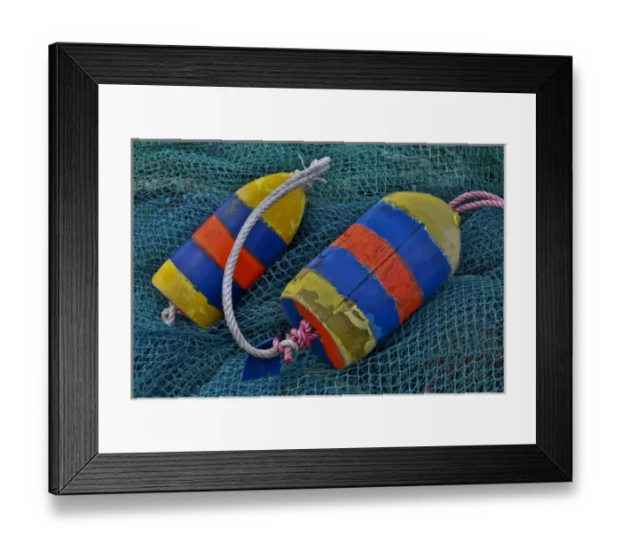 Framed Print : USA, Oregon, Garibaldi. Blue fishing nets with buoys