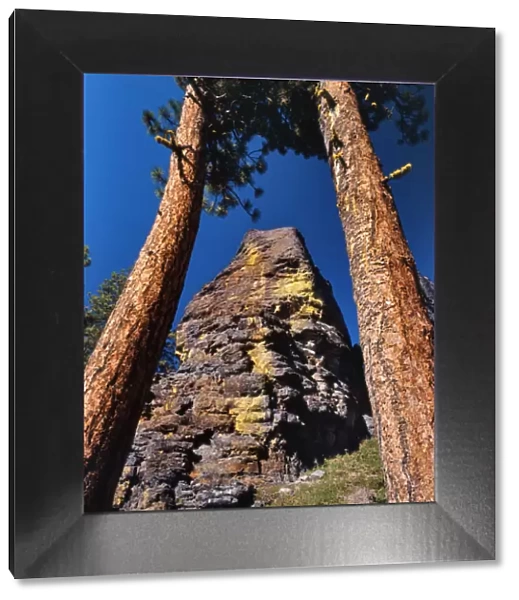 USA, Oregon, Gearhart Mountain Wilderness. Trees frame rock formation. Credit as