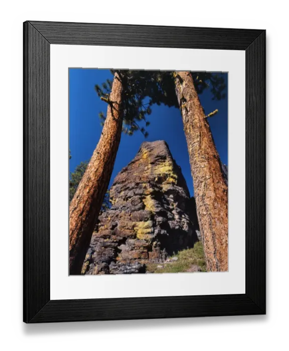 Framed Print : USA, Oregon, Gearhart Mountain Wilderness. Trees frame rock formation. Credit as Framed Print : USA, Oregon, Gearhart Mountain Wilderness. Trees frame rock formation. Credit as