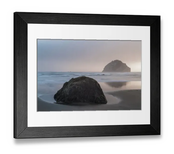 Framed Print : USA, Oregon. A boulder and sea stack at sunset