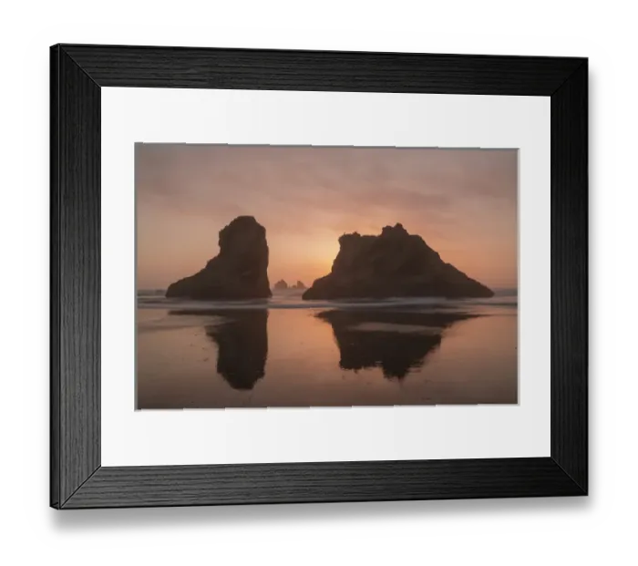 Framed Print : USA, Oregon, Bandon Beach. Sea stacks silhouetted at sunset Framed Print : USA, Oregon, Bandon Beach. Sea stacks silhouetted at sunset