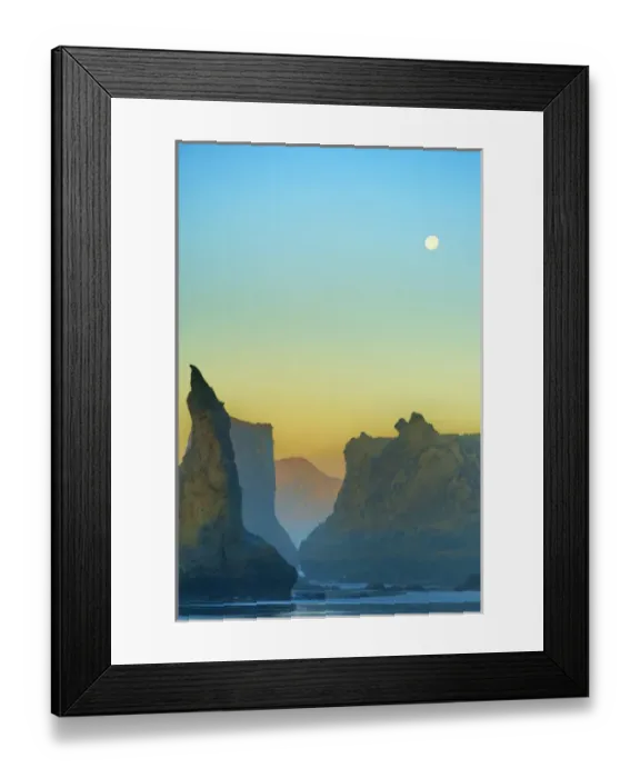 Framed Print : USA, Oregon, Bandon. Moonset and sea stacks Framed Print : USA, Oregon, Bandon. Moonset and sea stacks