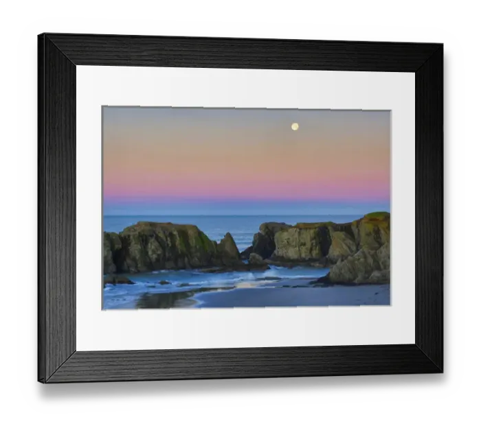 Framed Print : USA, Oregon, Bandon. Full moon sets over sea stacks on beach Framed Print : USA, Oregon, Bandon. Full moon sets over sea stacks on beach