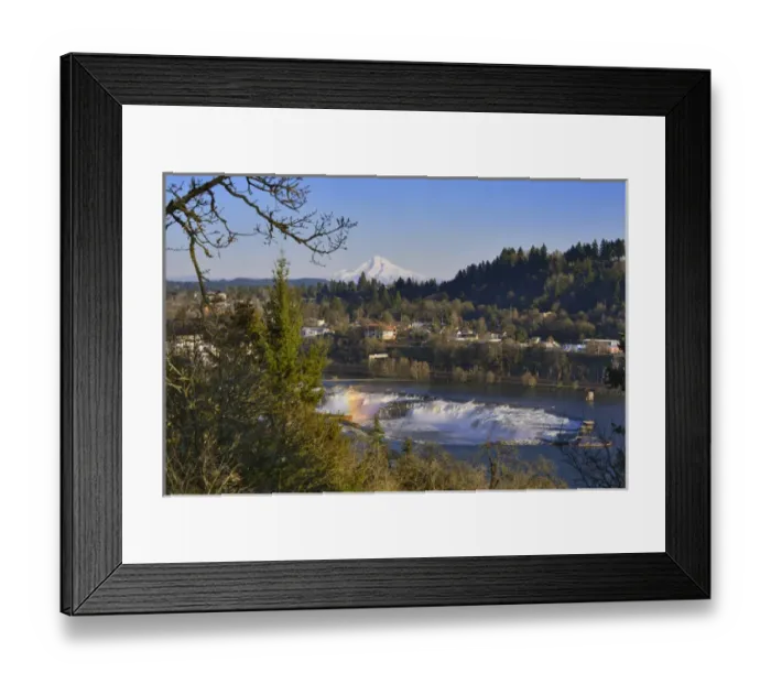 Framed Print : USA, Oregon, Portland. Mt Hood and Oregon City Falls on Willamette River. Credit as