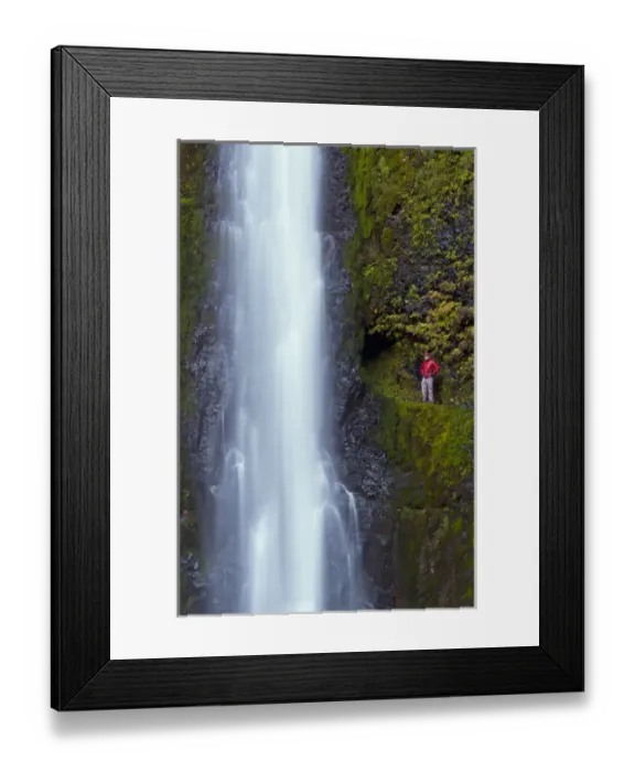 Framed Print : USA, Oregon. A man in red stands aside Tunnel Falls in a fall color scene on Eagle