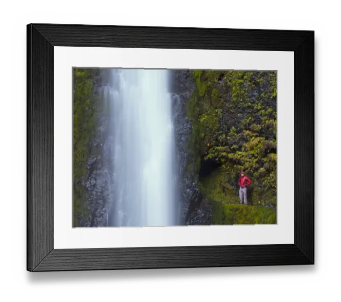 Framed Print : USA, Oregon. A man in red stands aside Tunnel Falls in a fall color scene on Eagle Framed Print : USA, Oregon. A man in red stands aside Tunnel Falls in a fall color scene on Eagle