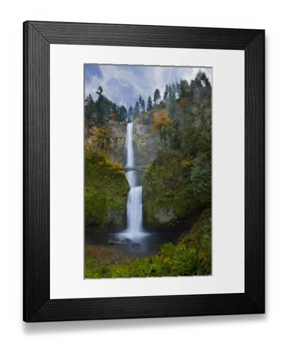 Framed Print : USA, Oregon, Columbia Gorge. Multnomah Falls, with a walking bridge between upper and lower drops Framed Print : USA, Oregon, Columbia Gorge. Multnomah Falls, with a walking bridge between upper and lower drops