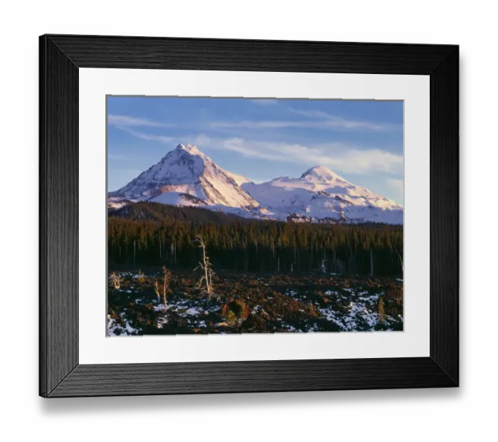 Framed Print : USA, Oregon, Three Sisters Wilderness, Evening light on North (left) and Middle Sister Framed Print : USA, Oregon, Three Sisters Wilderness, Evening light on North (left) and Middle Sister